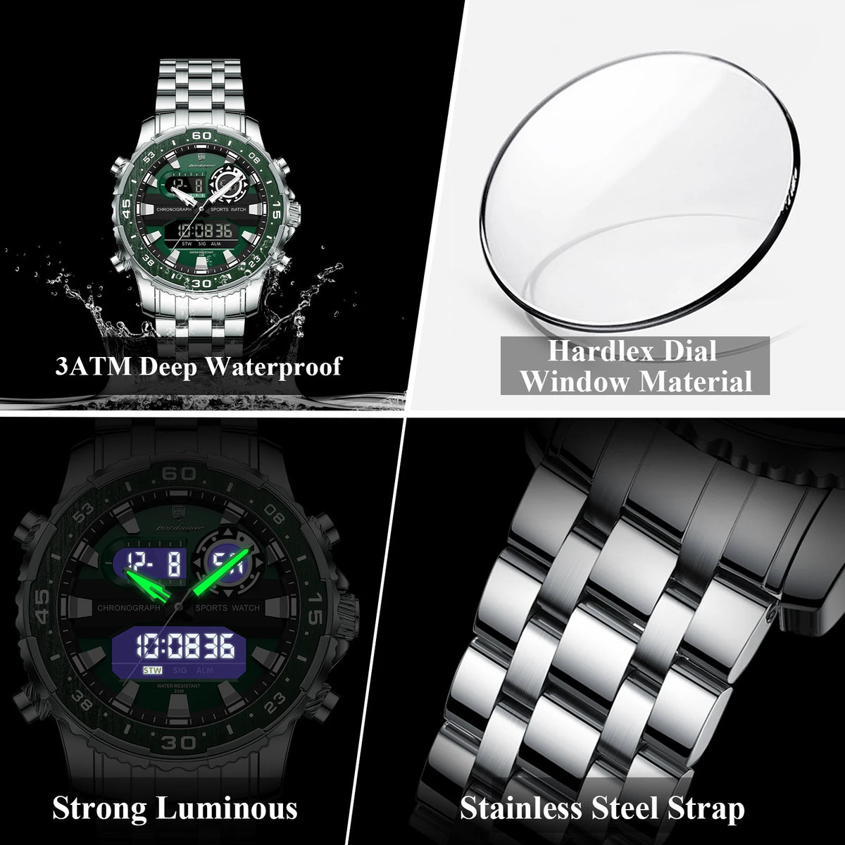 Poedagar E122 Luxury Men Watch Multifunction LED Display Alarm Luminous Waterproof Chronograph Stainless Steel Montre Wristwatch