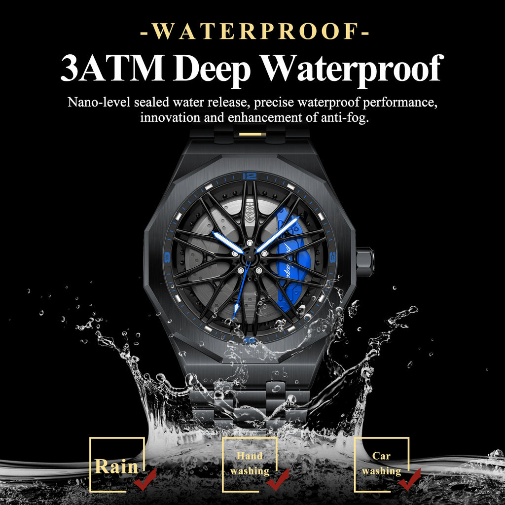 Poedagar 809 Mens Quartz Watches 3D Rotating Wheel Hub Wristwatch Stainless Steel Band Sports Waterproof Watch Relogio Masculino