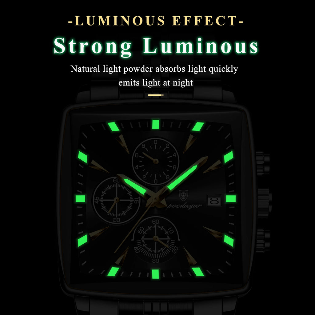 Poedagar 866 Business Sport Men Watch Square Dial 3-Eye Chronograph Stainless Steel Luminous Waterproof Fashion Reloj Wristwatch
