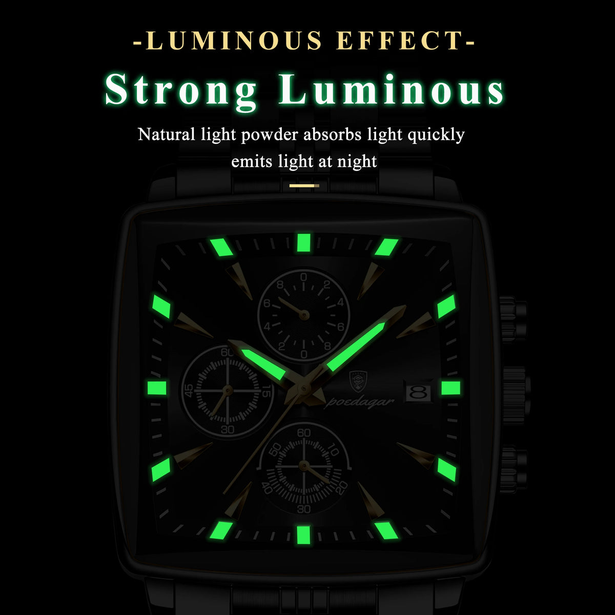 Poedagar 866 Business Sport Men Watch Square Dial 3-Eye Chronograph Stainless Steel Luminous Waterproof Fashion Reloj Wristwatch