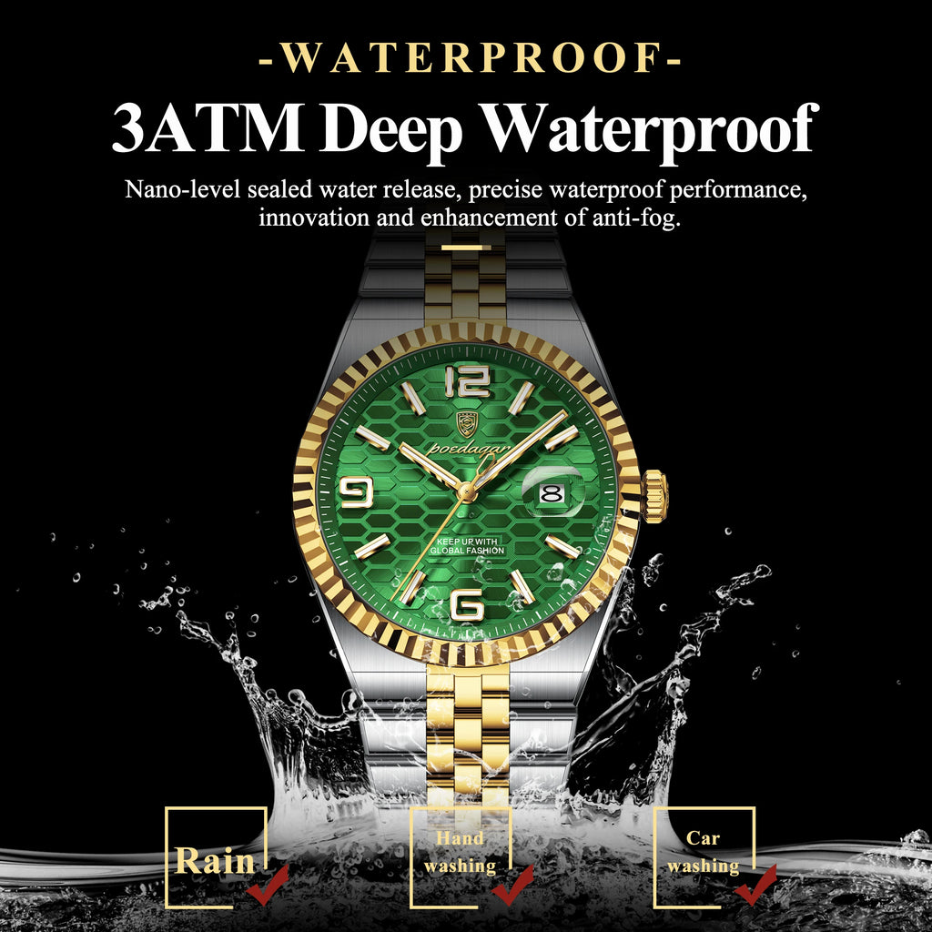 Poedagar 839 Men's Luxury Business Watch Fluted Bezel 2-Tone Green Honeycomb Dial Quartz Luminous Date 3ATM Waterproof Wholesale