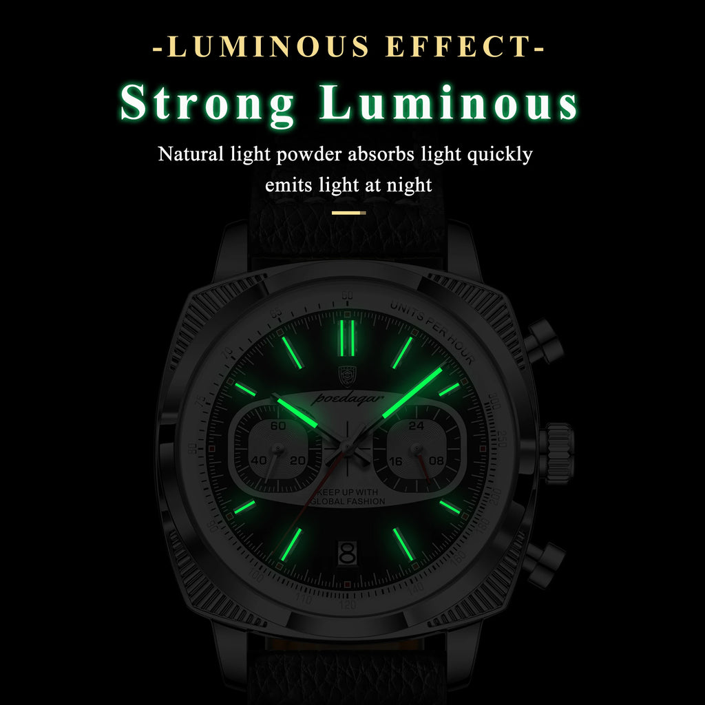 Poedagar 838 Mens Quartz Watch Chronograph Date Display Leather Strap 3ATM Waterproof Luminous Business Casual Wristwatch