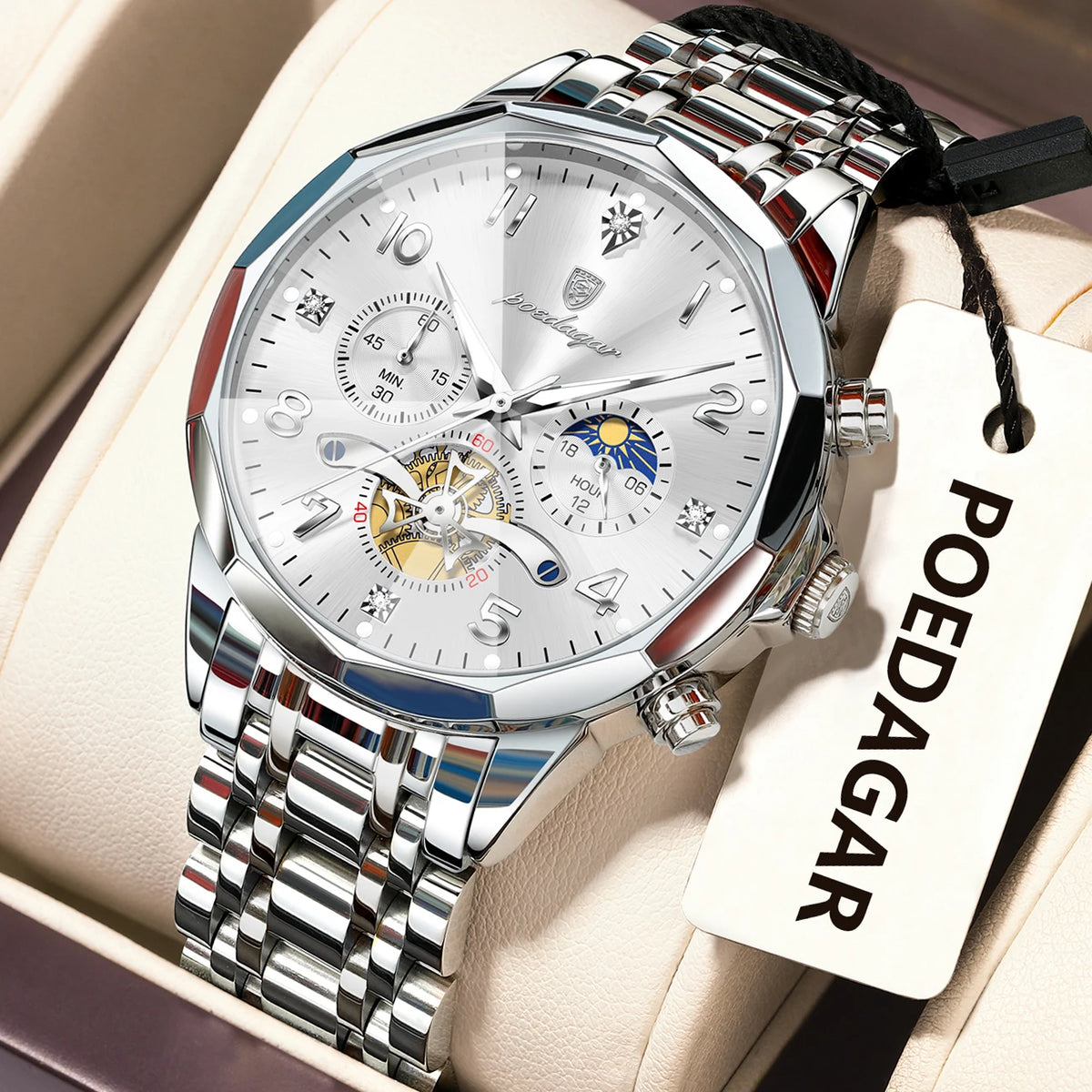 Poedagar 939 Men's Luxury Stainless Steel Chronograph Quartz Watch Waterproof Luminous Watch for Men