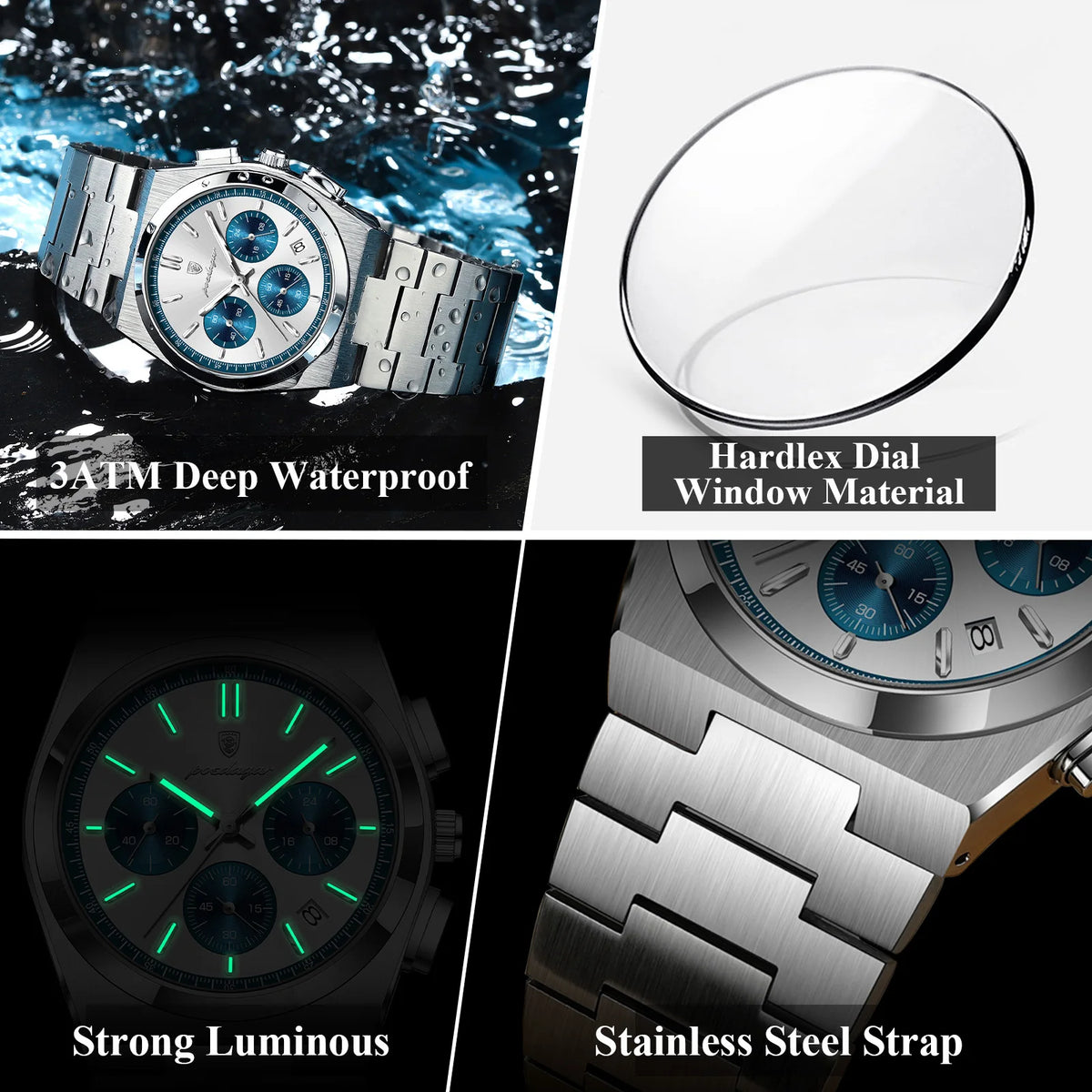 Poedagar 970 Luxury Men Quartz Watch New Fashion Waterproof Luminous Wristwatch Chronograph Stainless Steel Reloj Watch for Men