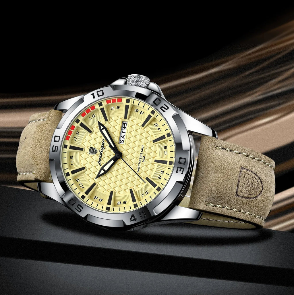 Poedagar 895 Sport Fashion Men Watch Geometric Dial Day Date Luminous Leather Strap Quartz Waterproof Watch for Men Reloj Hombre