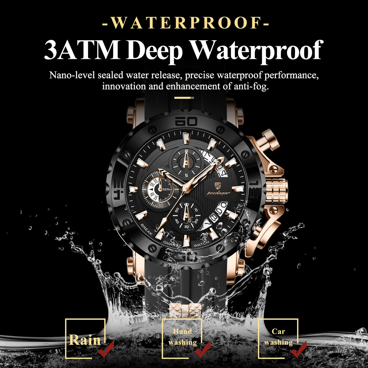 Luxury Men's Watch Poedagar 892 Luminous Silicone Strap Quartz Watches Montre Homme Casual Sports Waterproof Watch for Men