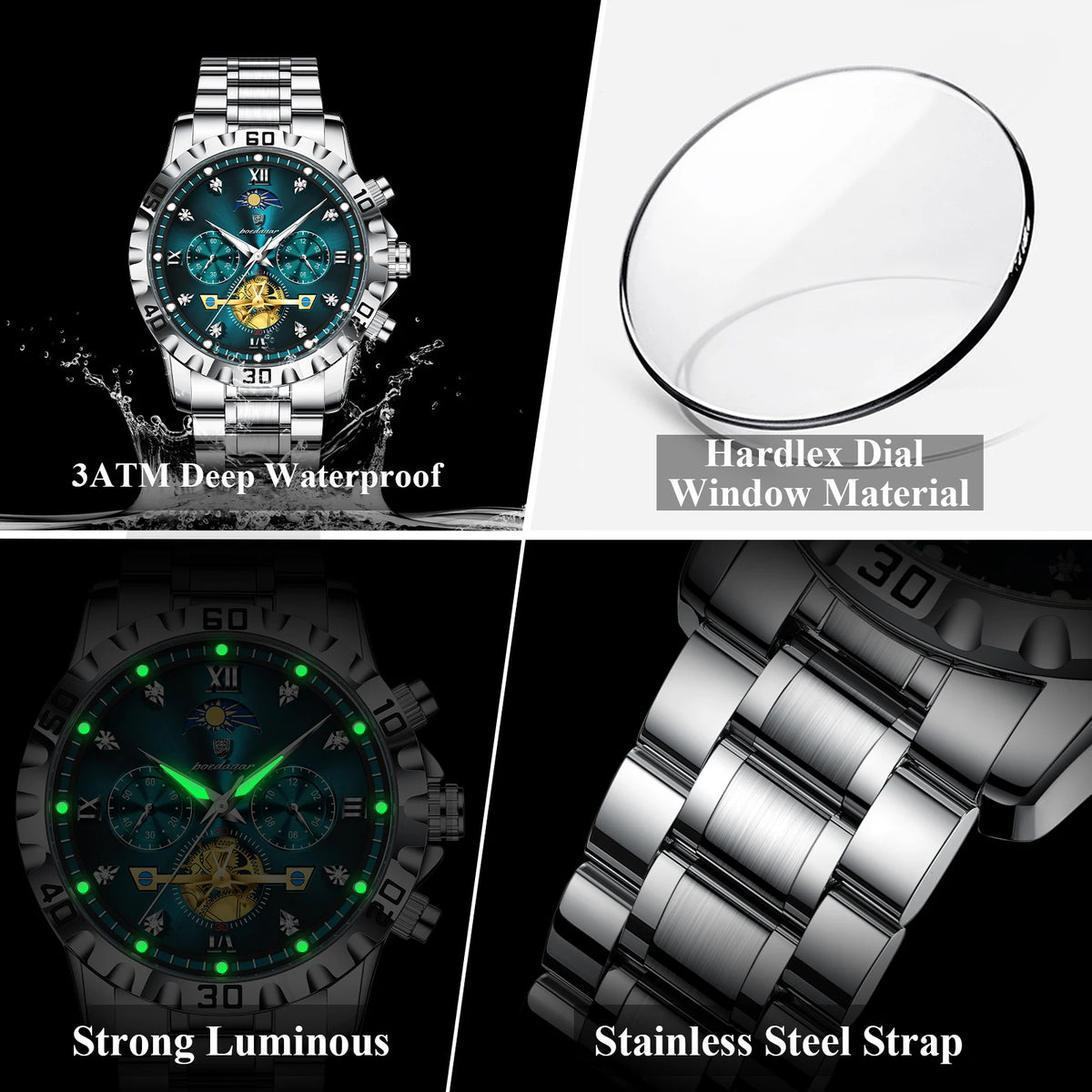 Poedagar 634 Men's Watch Luxury Stainless Steel Quartz Watches Business Montre Homme 3ATM Waterproof Luminous Wristwatch for Men