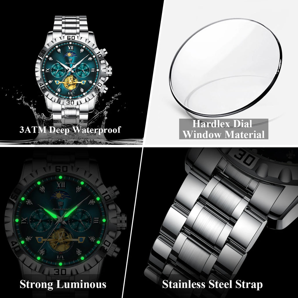 Watch for Men Poedagar 634 Stainless Steel Chronograph Quartz Watches Waterproof Luminous Watch 44mm Alloy Case for Business