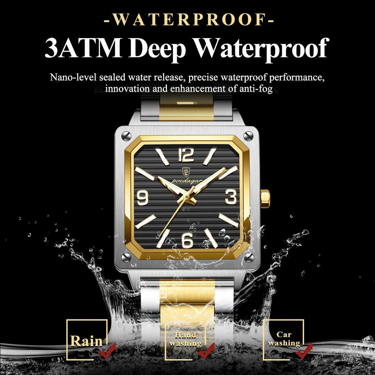 Poedagar 870 Luxury Men Watch Square Dial Reloj Waterproof Luminous Quartz Watches Stainless Steel Business Watch for Men Montre