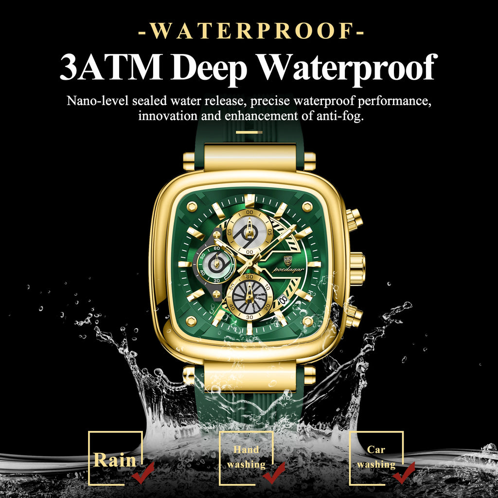 Poedagar 849 Luxury Mens Watch Luminous Waterproof Square Case Chronograph Sport Quartz Wristwatch Silicone Strap Factory Direct