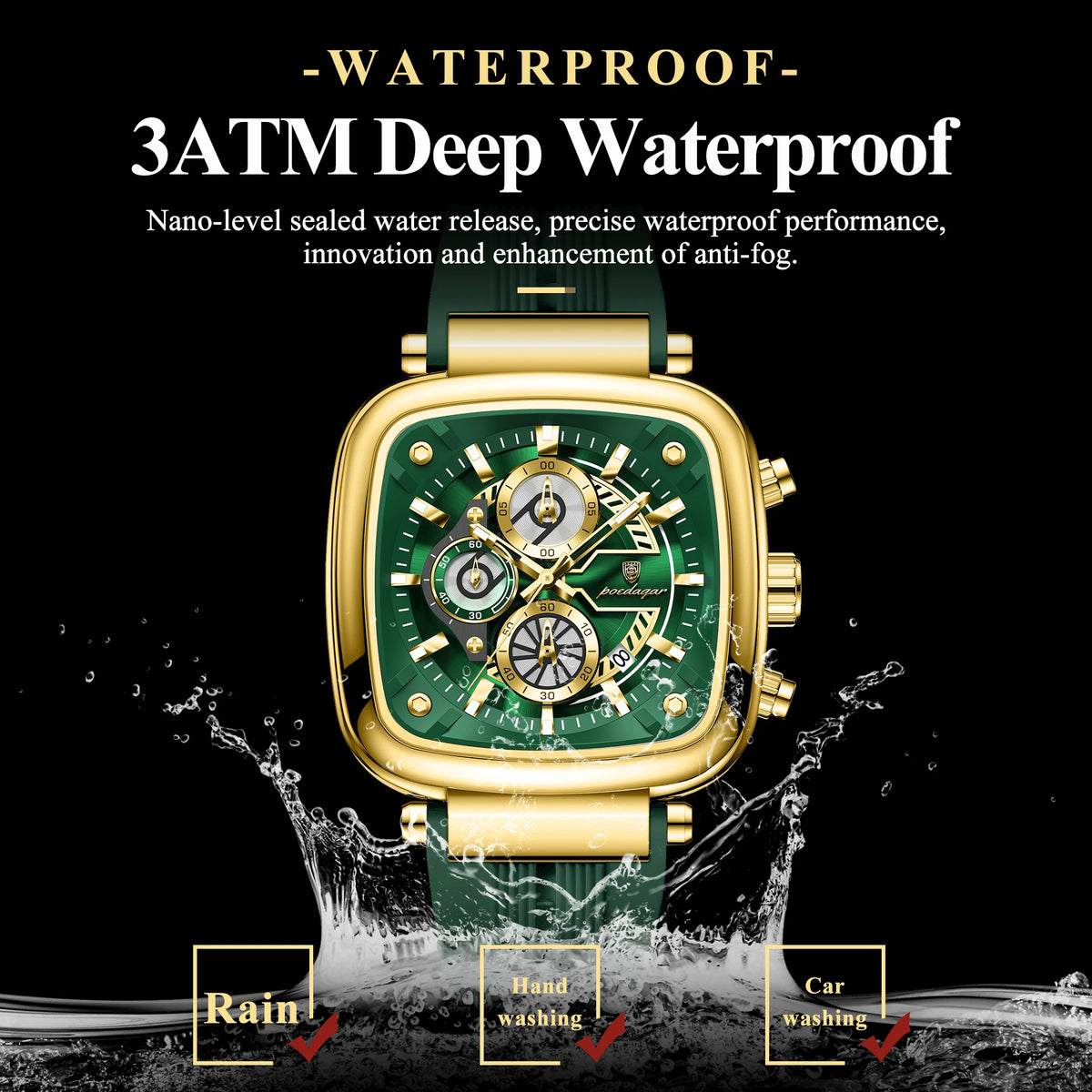 Poedagar 849 Luxury Mens Watch Luminous Waterproof Square Case Chronograph Sport Quartz Wristwatch Silicone Strap Factory Direct