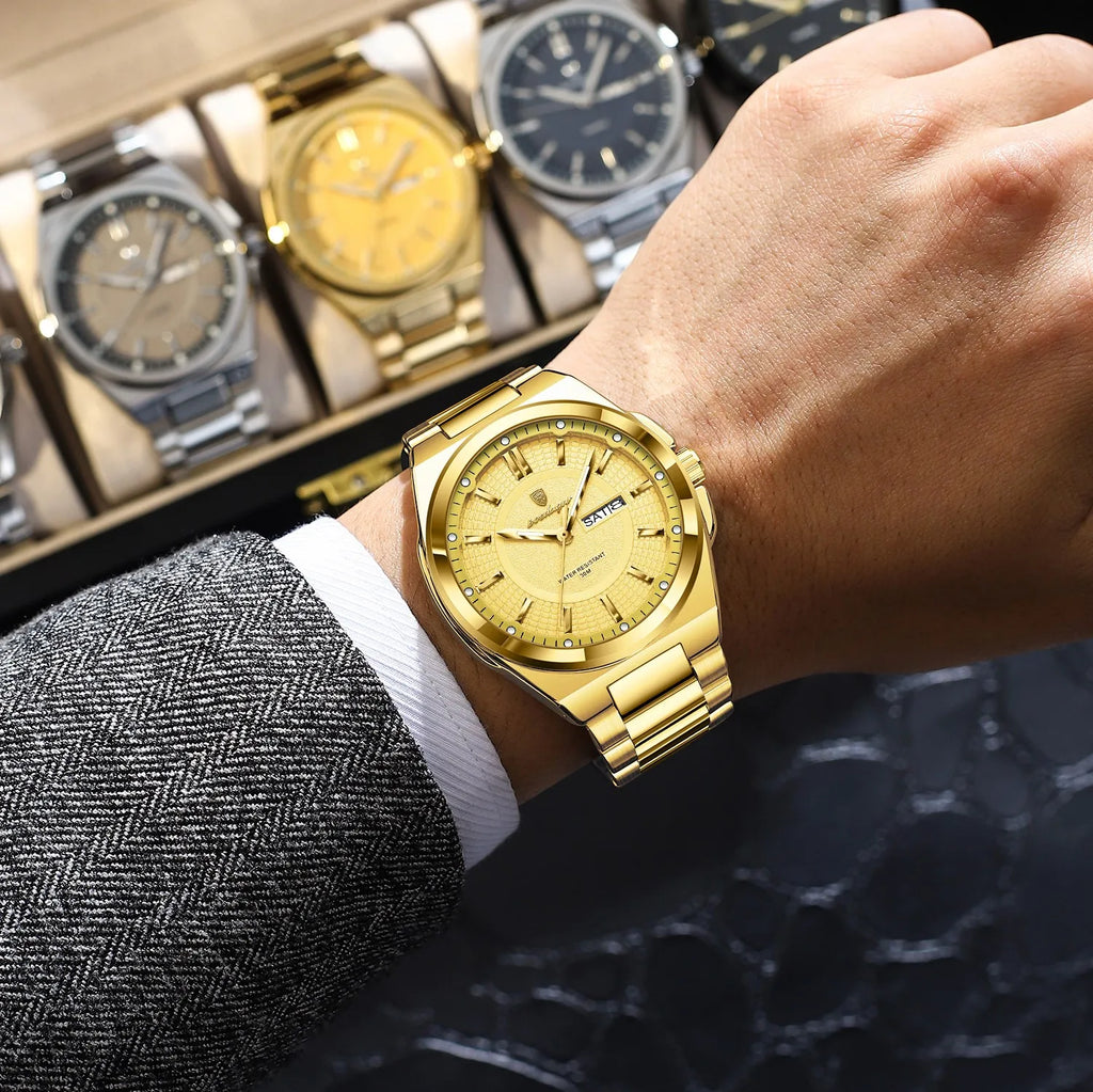 Poedagar 896 Luxury Mens Watch Full Gold Fashion Waterproof Luminous Stainless Steel Quartz Mens Gift Watch Montre Reloj Hombre