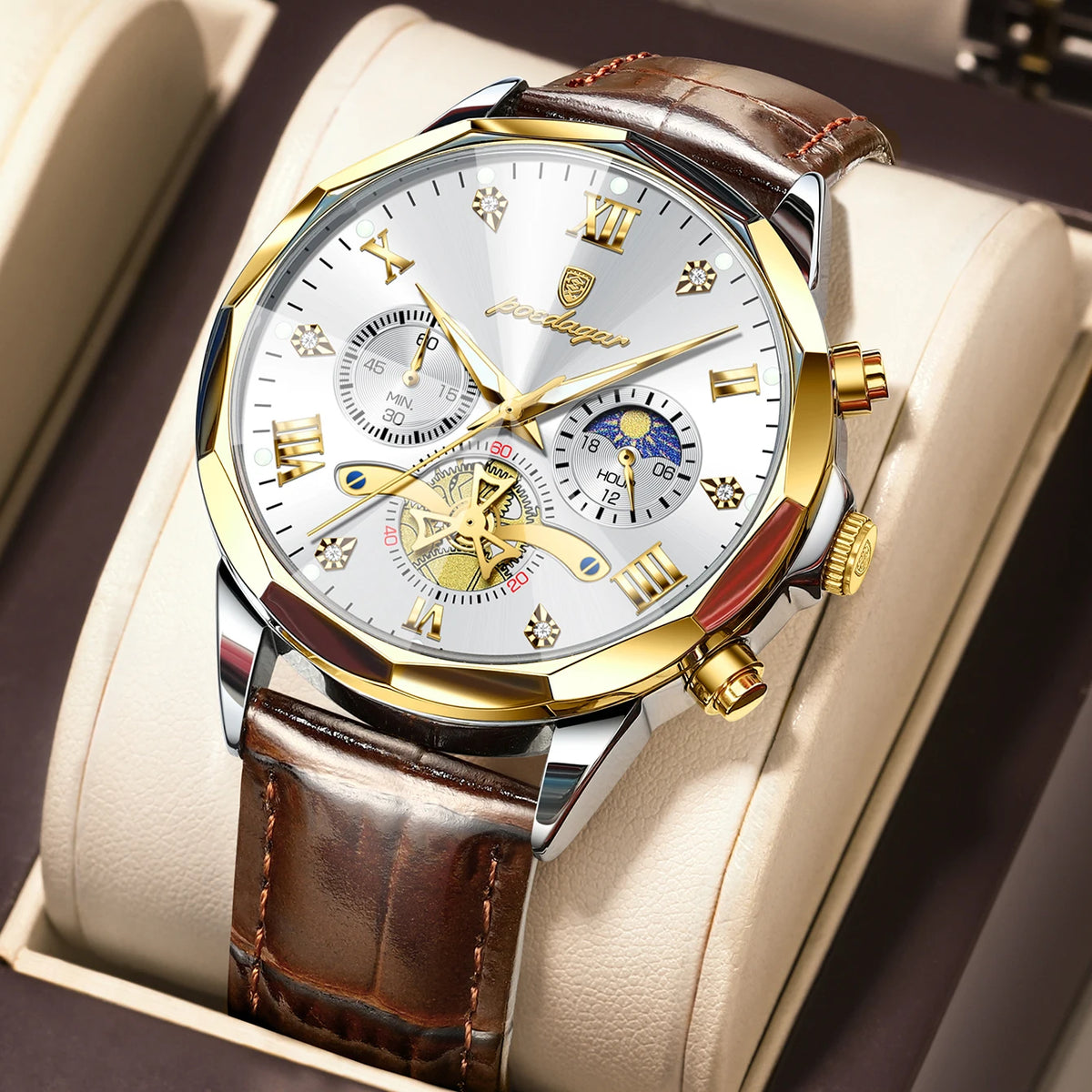 Poedagar 938 Luxury Mens Quartz Watch Luminous Waterproof Men's Watches Leather Strap Orologio Chronograph Watch for Men Gift