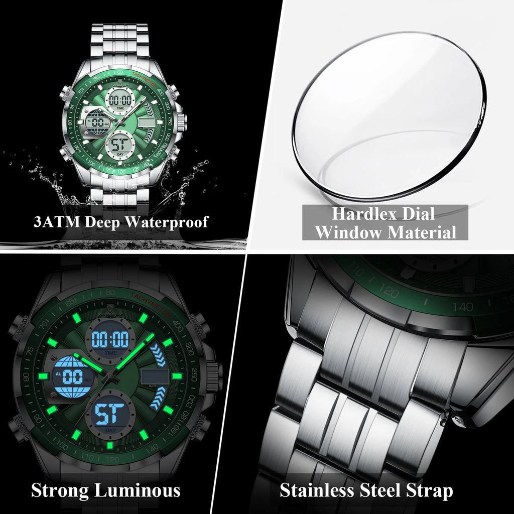 Poedagar E108 Multifunction Chronograph Alarm Stainless Steel Strap Men's Quartz Watch with 30M Waterproof Luminous