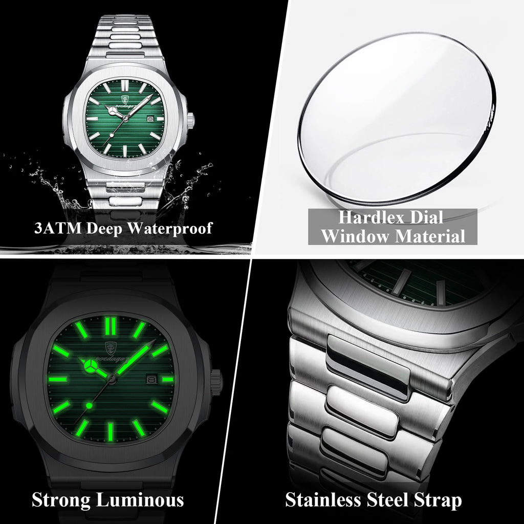 Poedagar Luxury Men Wristwatch Square Men Watches Waterproof Luminous Date Stainless Steel Quartz Watch for Men