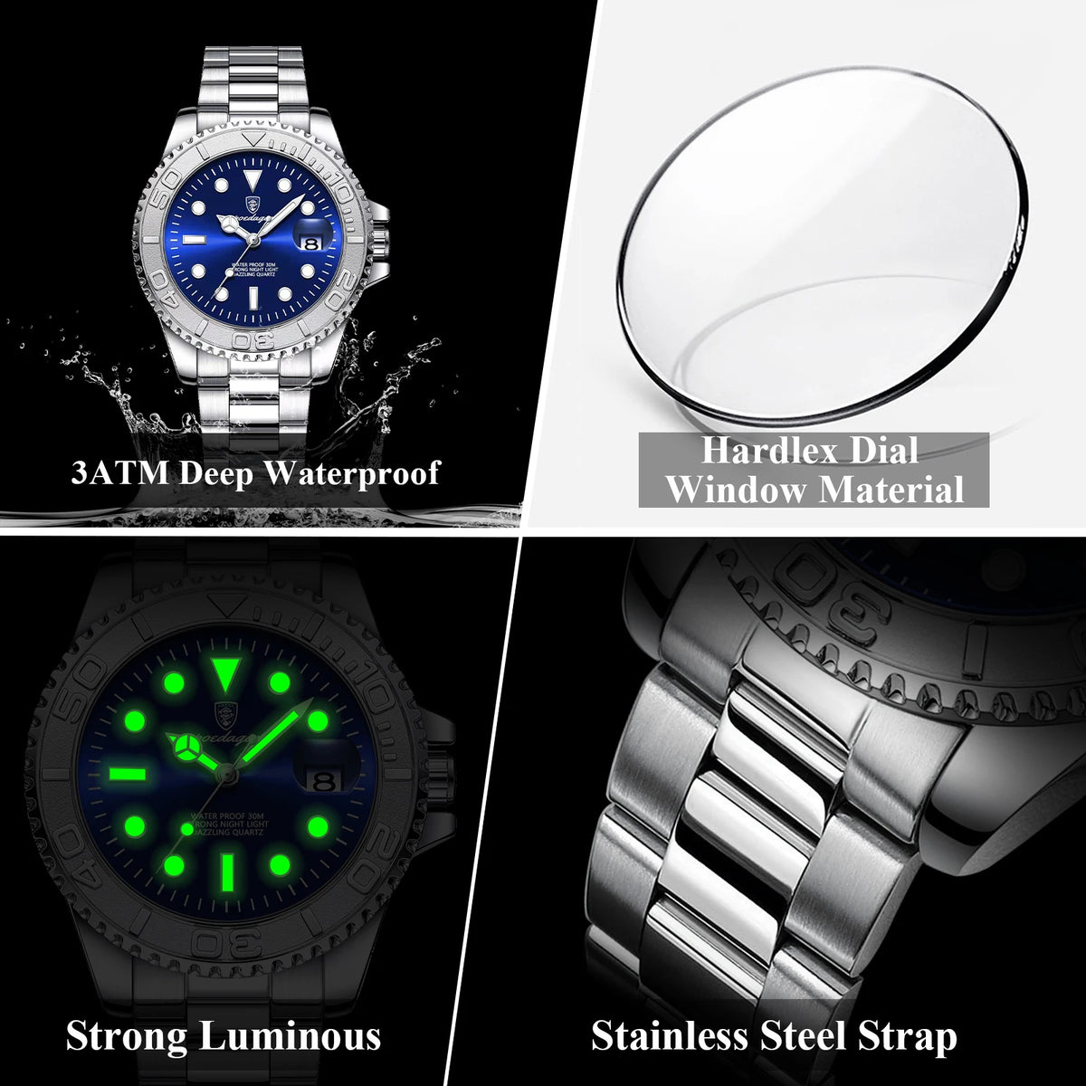 Poedagar 680 Factory Wholesale 43mm Men's Quartz Watch Stainless Steel Blue Dial 30M Waterproof Wrist Watch