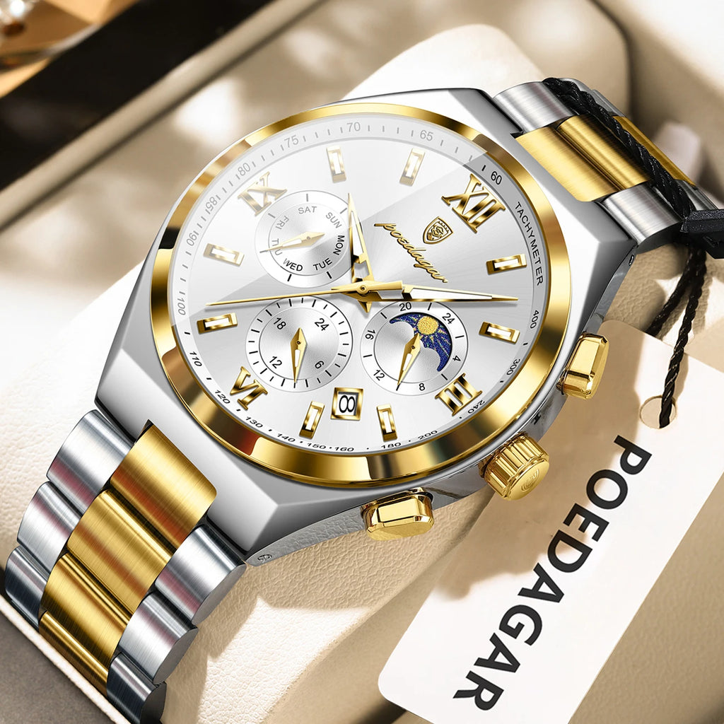 Poedagar 688 Men's Watch Luxury Chronograph Quartz Watches Relojes Hombre Waterproof Luminous Stainless Steel Wristwatch for Men