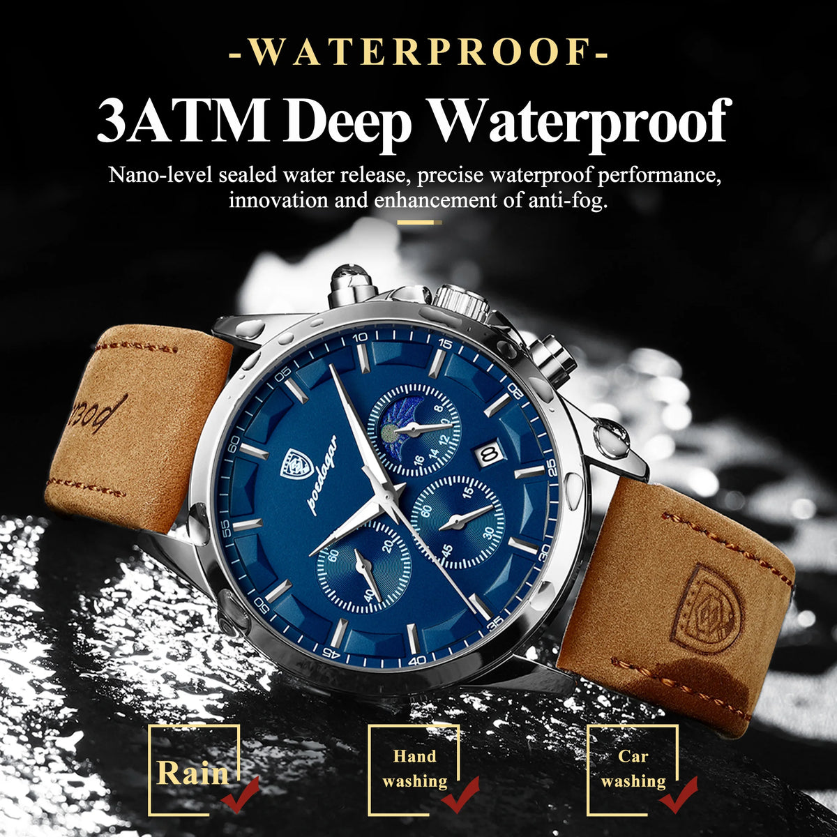 Poedagar 928 Luxury Men Wrist Watch Chronograph Sports Leather Quartz Reloj Hombre Waterproof Luminous Calendar Watches for Men