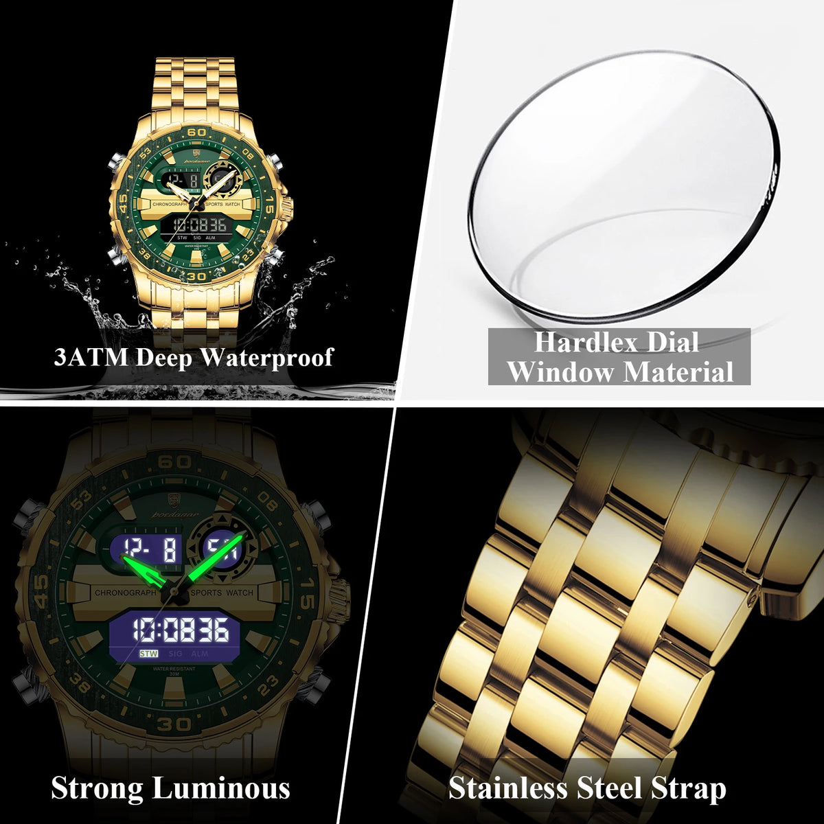 Poedagar E122 Men's Digital Watch Sports Analog-Digital Quartz Watches Stainless Steel Waterproof Luminous Wristwatch for Men