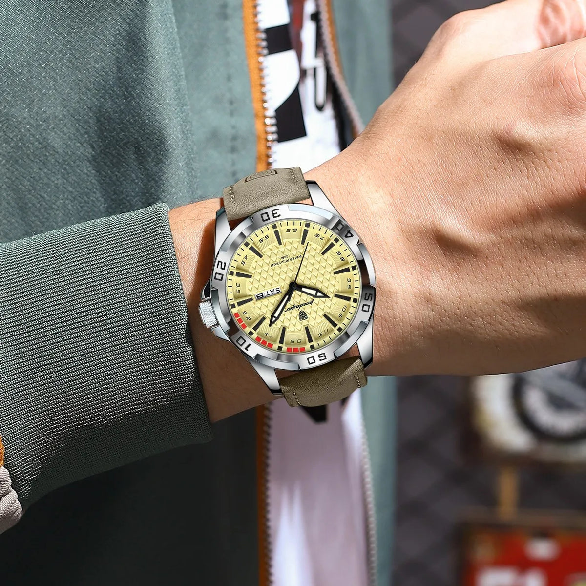 Poedagar 895 Sport Fashion Men Watch Geometric Dial Day Date Luminous Leather Strap Quartz Waterproof Watch for Men Reloj Hombre