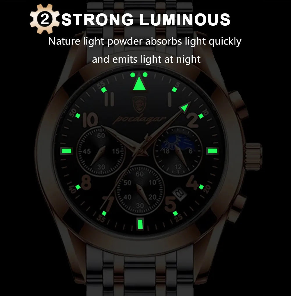 Poedagar Fashion Men Watch Waterproof Luminous Quartz Watches Calendar Stainless Stain Wrist Watch for Men
