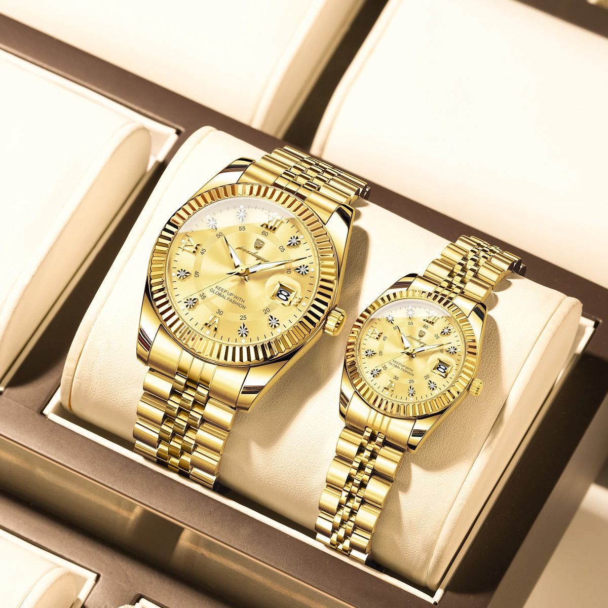 Poedagar Luxury Couple Watch Set for Men and Women Stainless Steel Quartz Calendar Waterproof Wrist Watch