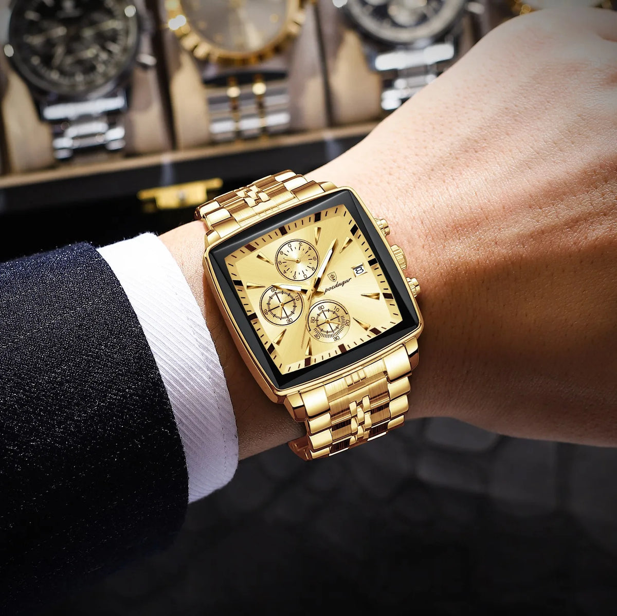 Poedagar 866 Luxury Men Watch All Gold Tone Square Chronograph Stainless Steel Luminous Waterproof Business Montre Wristwatch