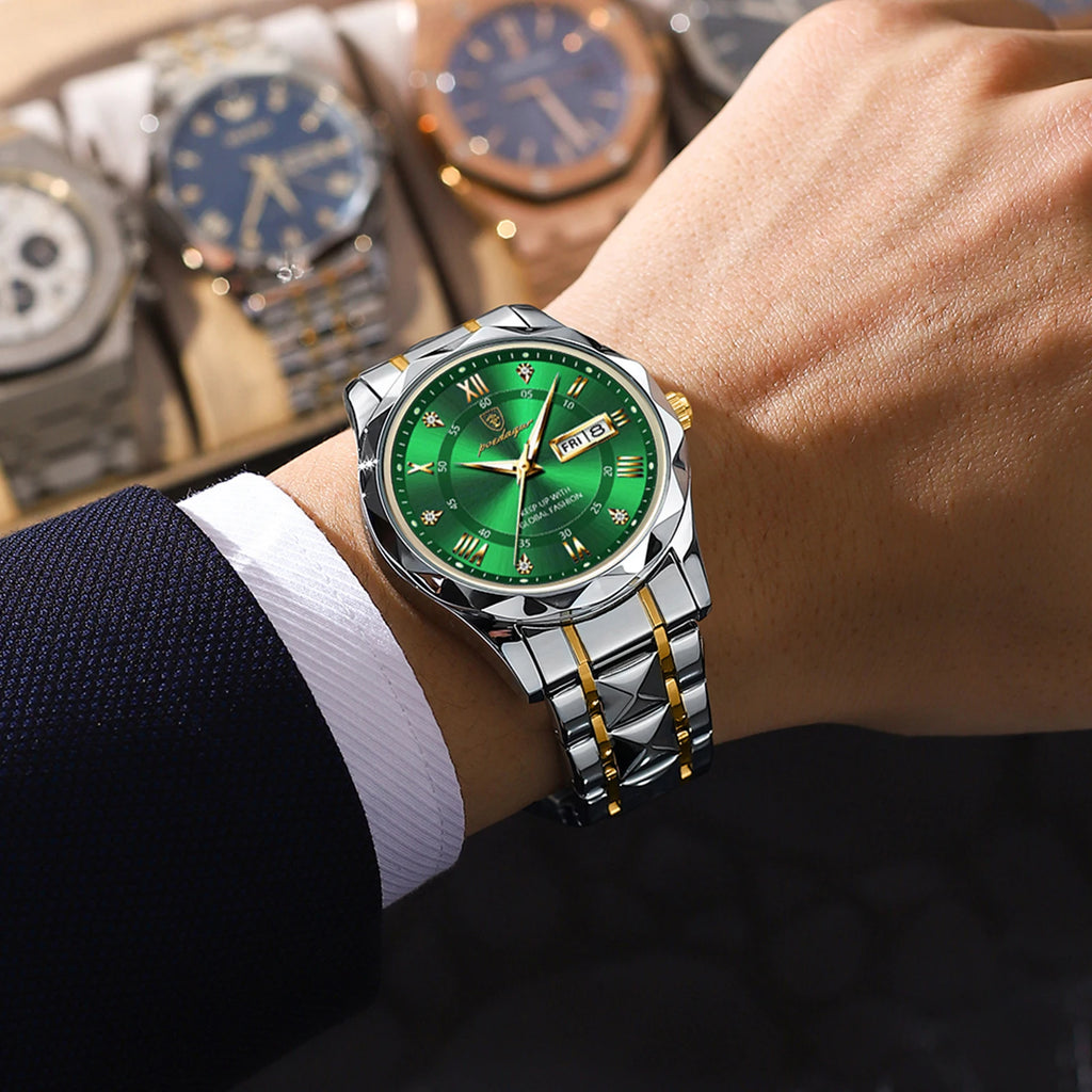 Poedagar 615 Luxury Men's Watches Green Dial Waterproof Luminous Date Week Quartz Watch for Men Stainless Steel Male Reloj