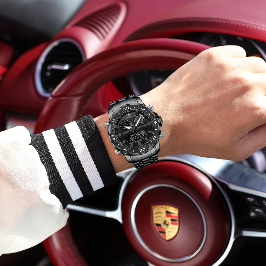 Poedagar E122 Men's Fashion Quartz Watch 46MM Dial Stainless Steel Waterproof Wristwatch for Daily Business Casual Wear