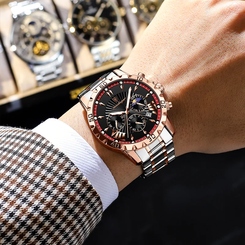 Poedagar 968 Men Wristwatch Waterproof Luminous Chronograph Quartz Watches Stainless Steel Watch for Men