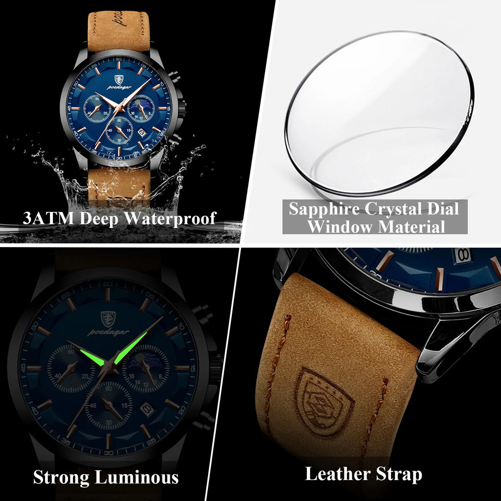 Poedagar 928 Luxury Men Wrist Watch Sports Leather Montre Quartz Watch Waterproof Luminous Calendar Chronograph Watches for Men