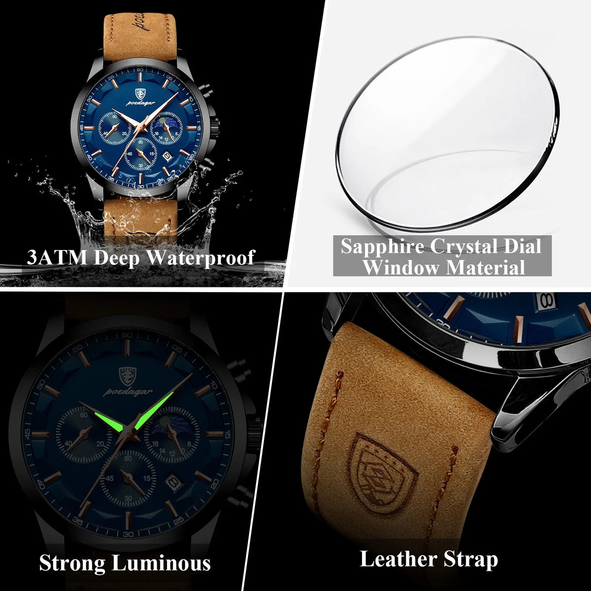 Poedagar 928 Luxury Men Wrist Watch Sports Leather Montre Quartz Watch Waterproof Luminous Calendar Chronograph Watches for Men