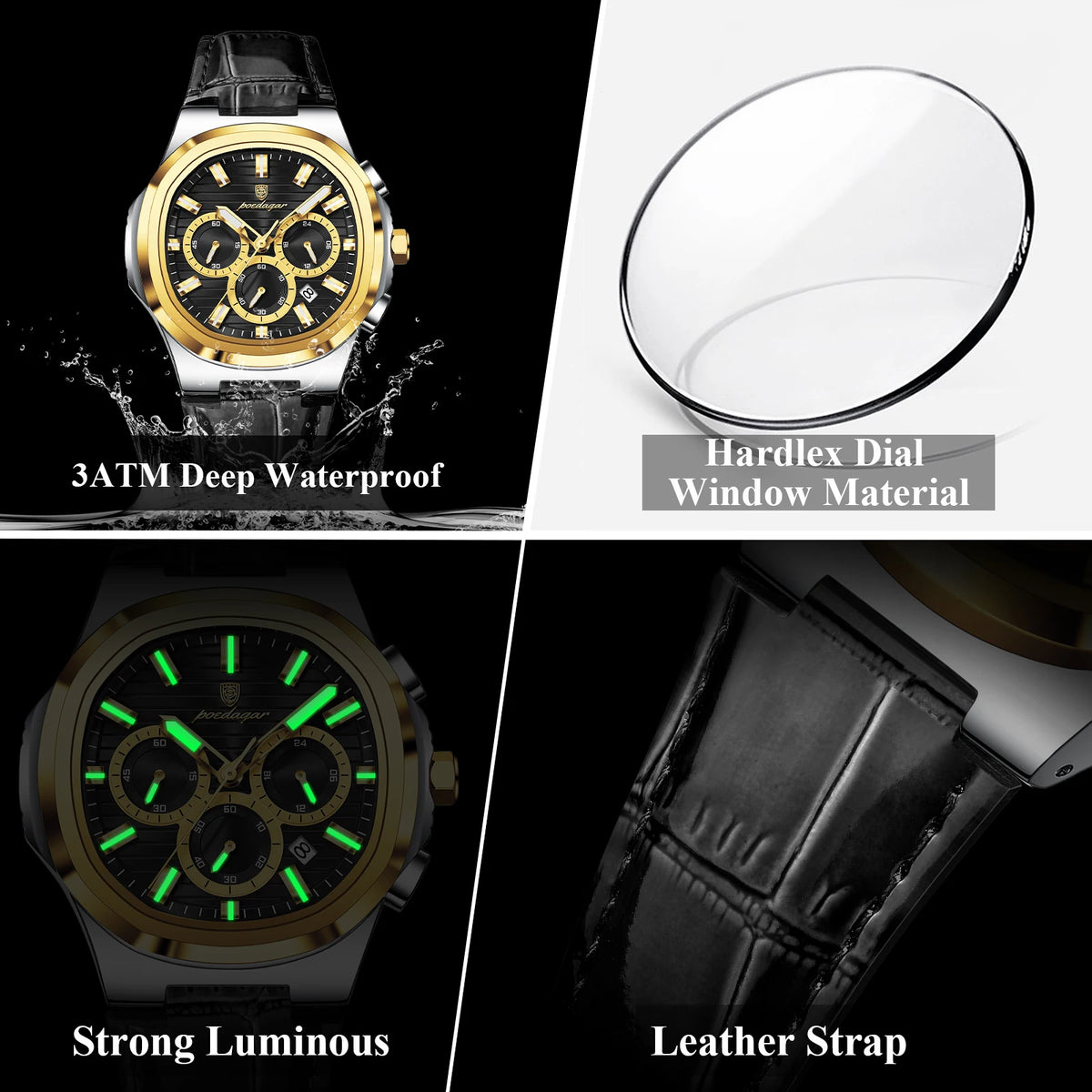 Poedagar 834 Two-Tone Gold Men's Quartz Watch Waterproof Luminous Leather Strap Chronograph Relogio Masculino Wholesale