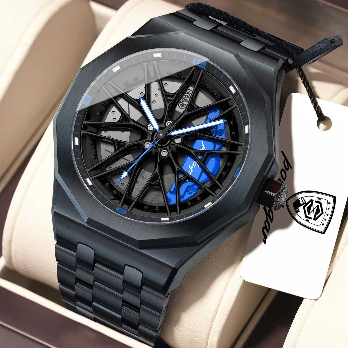 Poedagar 809 Mens Quartz Watches 3D Rotating Wheel Hub Wristwatch Stainless Steel Band Sports Waterproof Watch Relogio Masculino