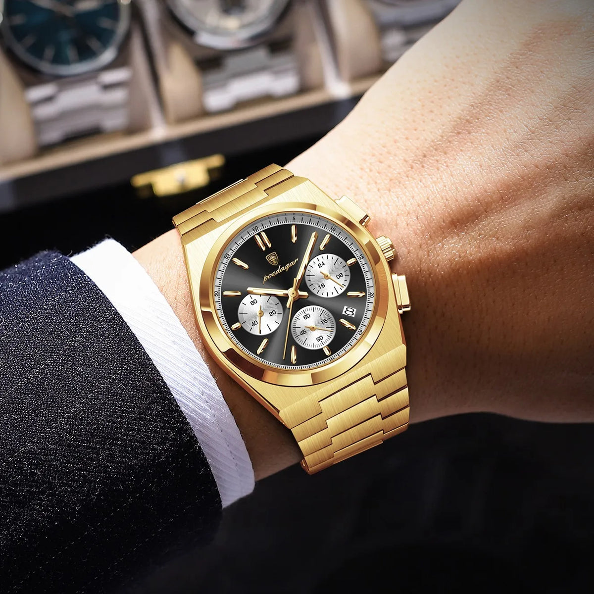 Poedagar 970 Mens Luxury Watch Chronograph Stainless Steel Quartz Wristwatch Luminous Reloj Montre Waterproof Watch for Men
