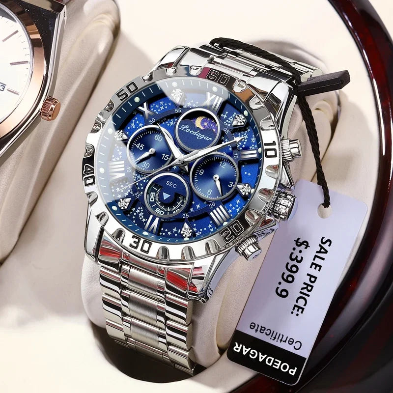 Poedagar New Fashion Mens Watches Stainless Steel Chronograph Quartz Wristwatch Waterproof Luminous Watch for Men