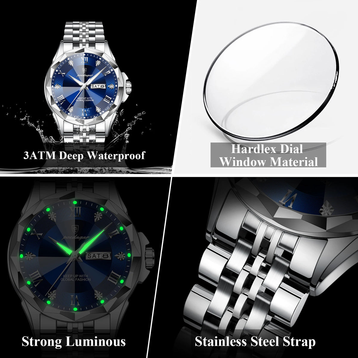 Poedagar 698 Men Quartz Watches Luxury Business Stainless Steel Strap Wrist Watch Calendar Luminous Waterproof Watch for Men