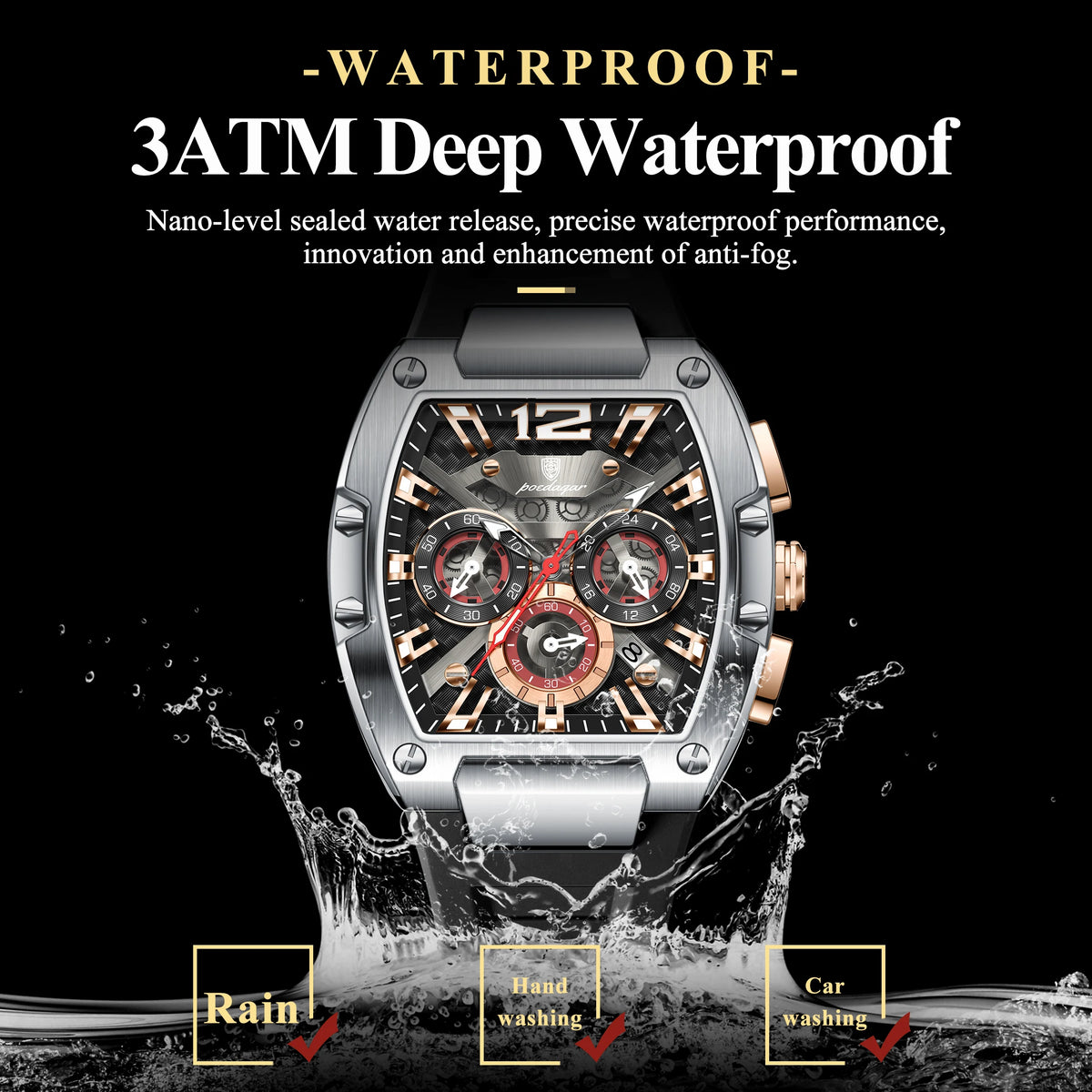 Mens Watch High Quality Poedagar 9051 Men Chronograph Quartz Watches Luminous Silicone Strap Waterproof Watch for Men