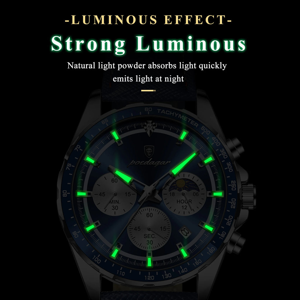 Poedagar 879 Mens Chronograph Watch Genuine Leather Tachymeter Blue Dial Quartz Wristwatch Waterproof Luminous Sport Watches