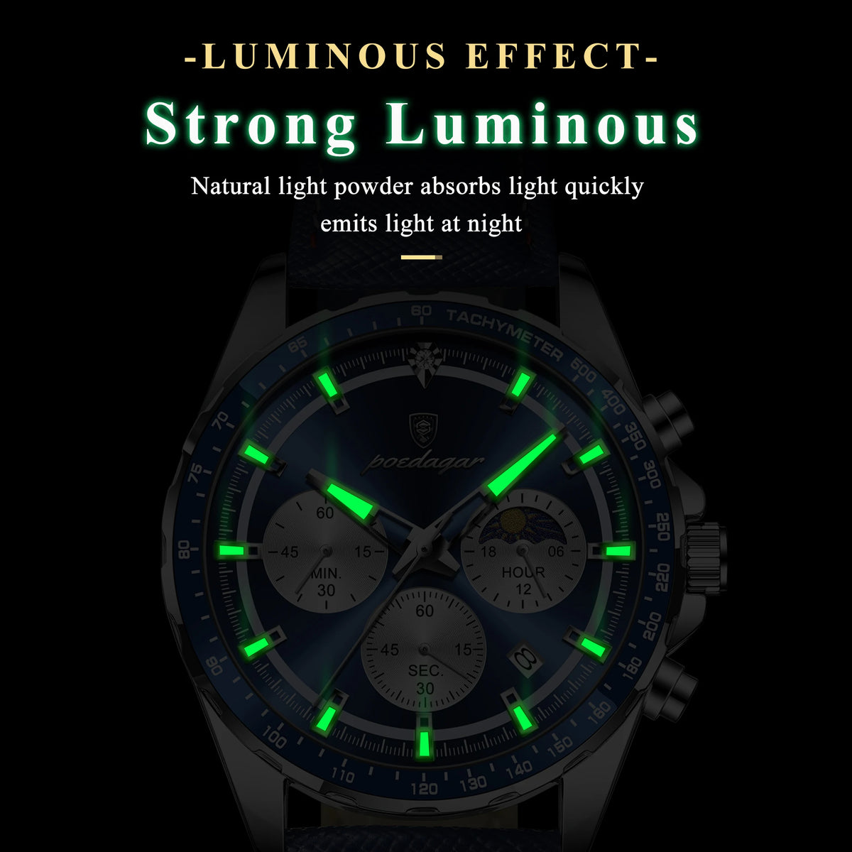 Poedagar 879 Mens Chronograph Watch Genuine Leather Tachymeter Blue Dial Quartz Wristwatch Waterproof Luminous Sport Watches