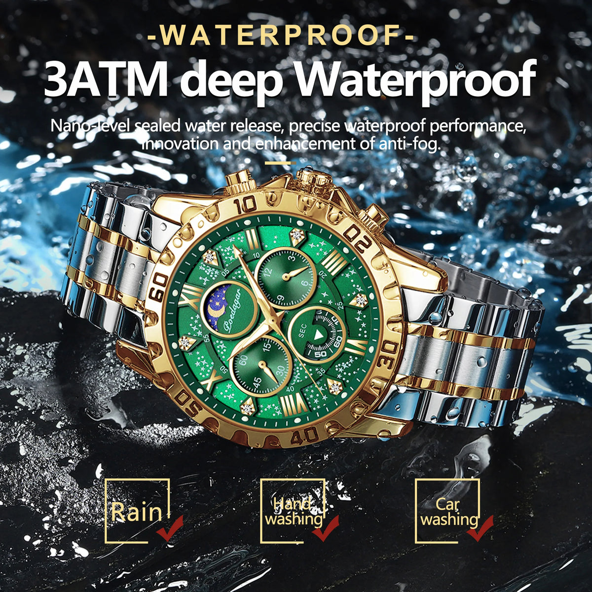 Poedagar 973 Luxury Men Watch Starry Dial Diamond Roman Markers Chronograph Moonphase Steel Band Waterproof Factory Wholesale