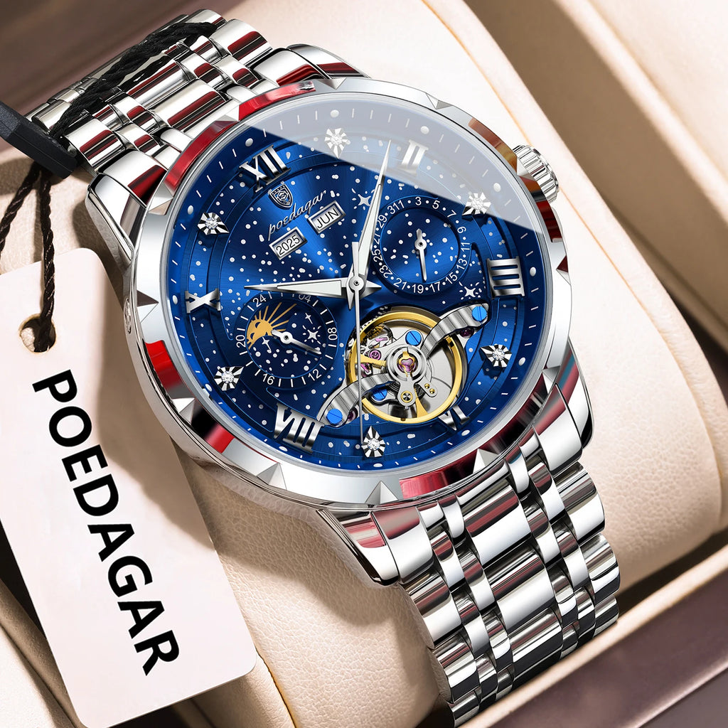 Poedagar 1420 Men's Waterproof Luminous Stainless Steel Strap Alloy Case Automatic Movement Mechanical Watch