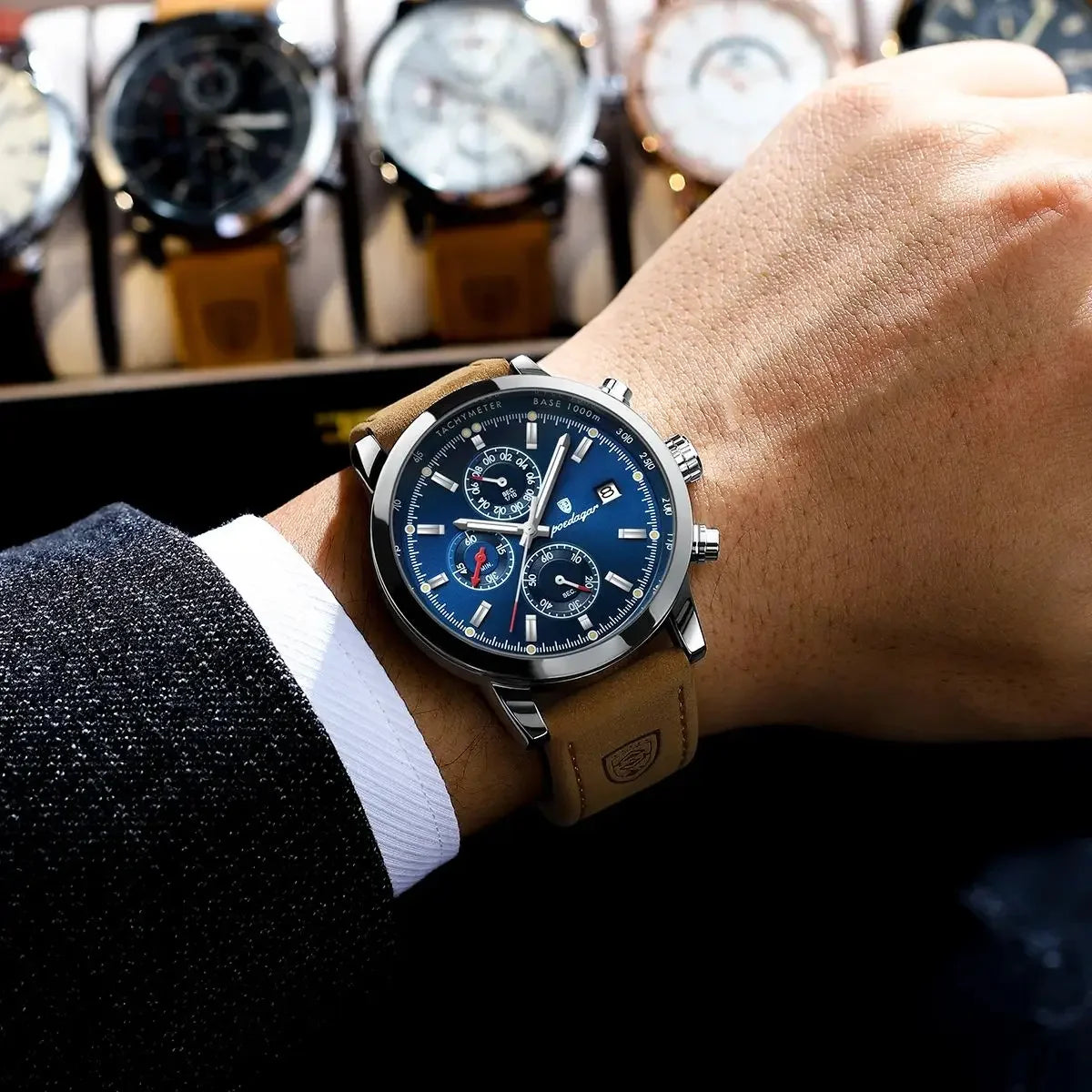 POEDAGAR Factory Wholesale Luxury Leather Quartz Watches Waterproof Luminous Wrist Chronograph Watch for Men