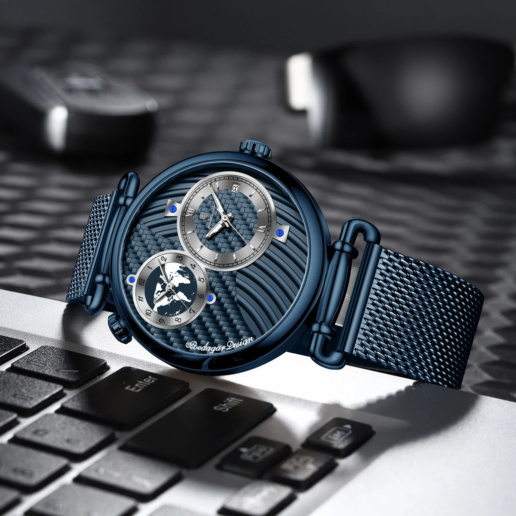 Poedagar 848 Men's Dress Quartz Watch Dual Time Zone Mesh Stainless Steel Luminous 3ATM Waterproof Business Orologio Uomo