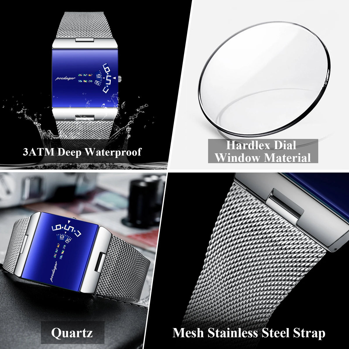 Poedagar 857 Luxury Men's Watch Square Stainless Steel Mesh Strap Quartz Watch Montre Homme Waterproof Wristwatch for Men