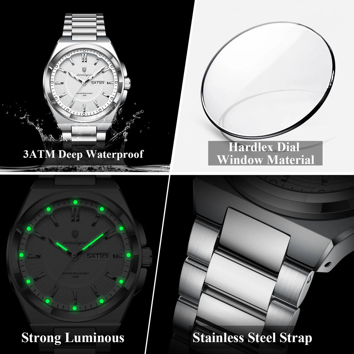 Poedagar 896 Men Watch Luxury Stainless Steel Luminous Reloj Date Week Quartz Watch 3ATM Waterproof Business Wristwatch for Men