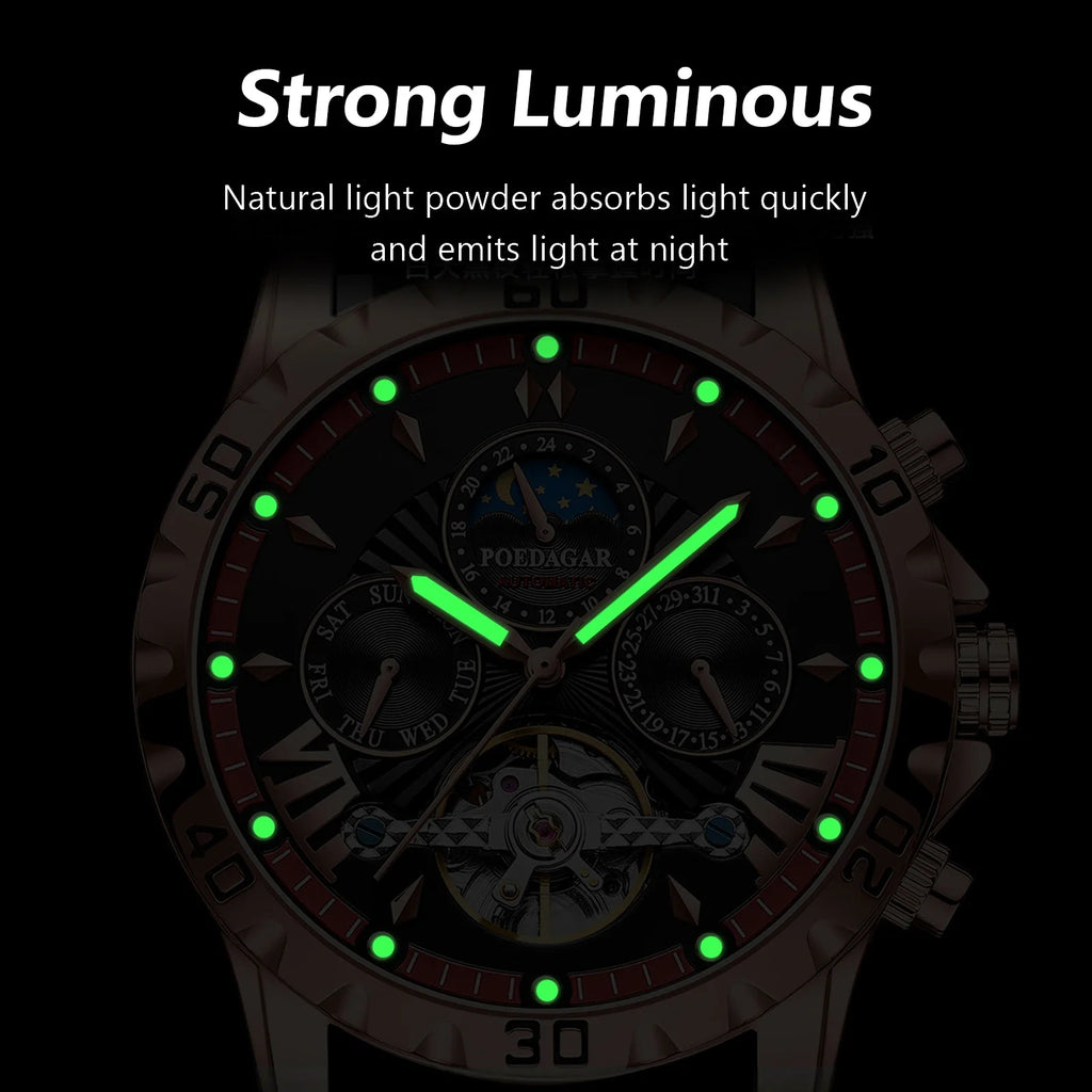 Poedagar Hollow Tourbillon Automatic Men's Watch Luxury LeatherWaterproof Luminous Mechanical Watch
