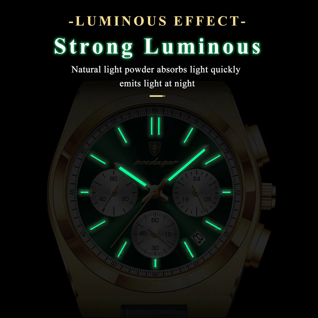 Poedagar 970 Mens Quartz Watch Luxury Leather Strap Luminous Waterproof Wristwatch Montre Homme Casual Chronograph Watch for Men