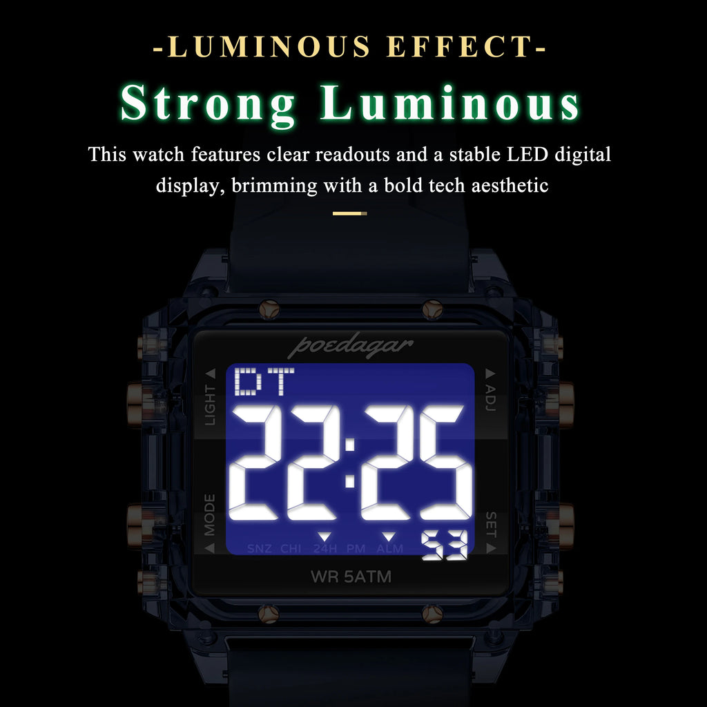 Poedagar E123 Men Digital Sports Watch LED Display 50M Waterproof Multifunction Electronic Wrist Watch
