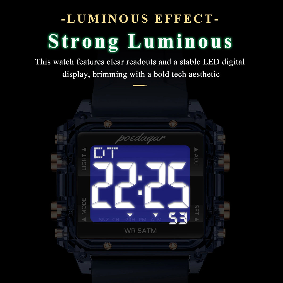 Poedagar E123 Men Digital Sports Watch LED Display 50M Waterproof Multifunction Electronic Wrist Watch